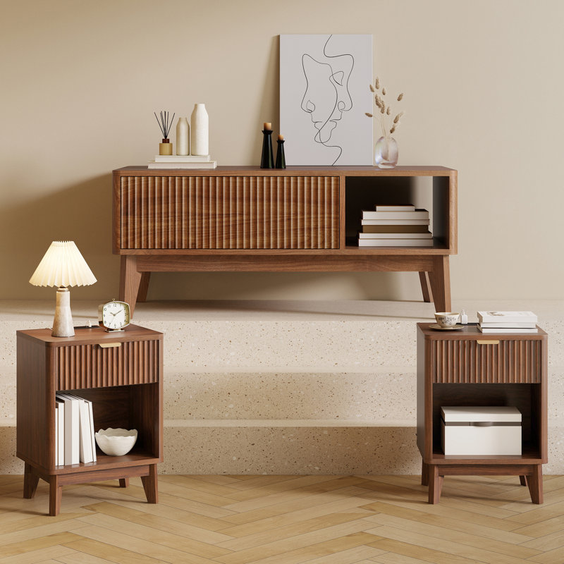 Ensemble de table basse et 2 tables d'appoint - Ensemble de salon, table basse relevable en noyer et tables d'appoint avec station de recharge