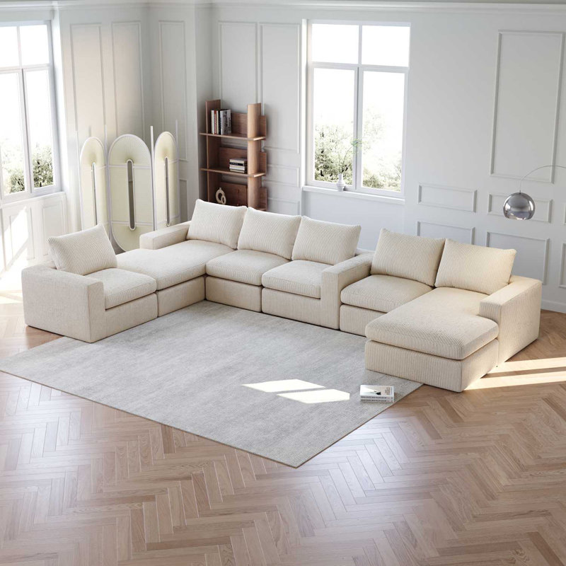 Canapé modulaire en Corduroy avec méridienne et 3 coussins en forme de L, Beige