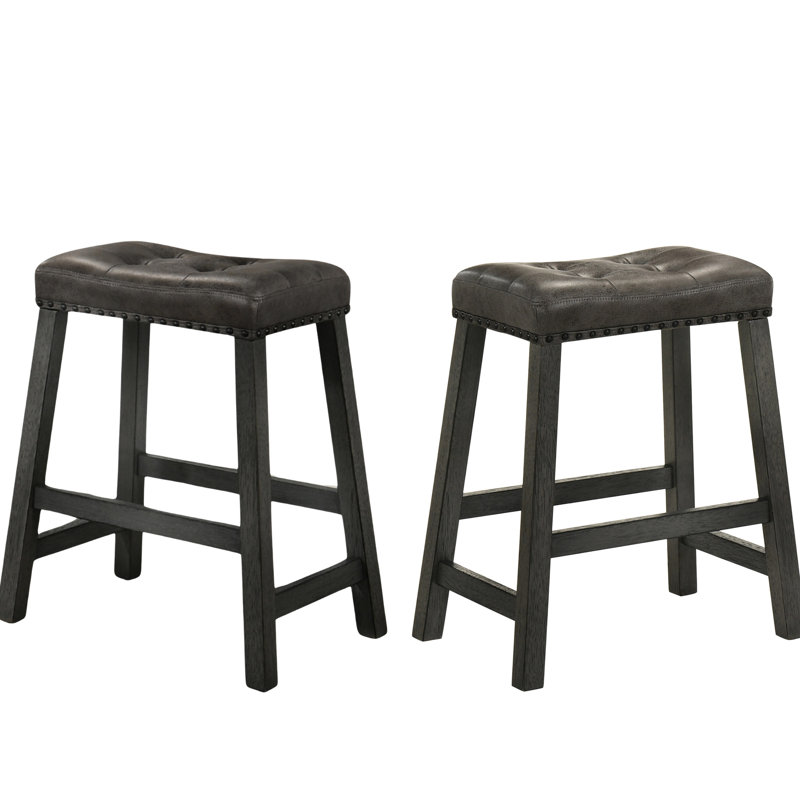 Ensemble de 2 tabourets de comptoir rustiques, tabourets de bar de ferme en bois sans dossier de 25 pouces avec siège en similicuir, finition patinée, conception peu encombrante
