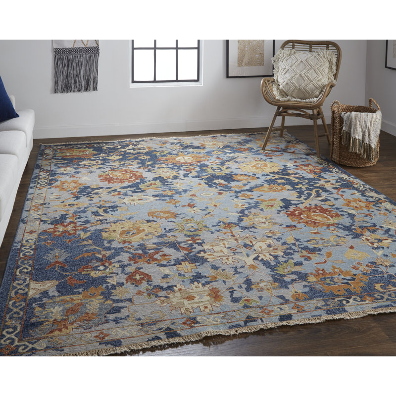 Tapis floral en laine noué à la main bleu / orange / rouge, Tapis de couloir 2 pi 6 po x 8 pi