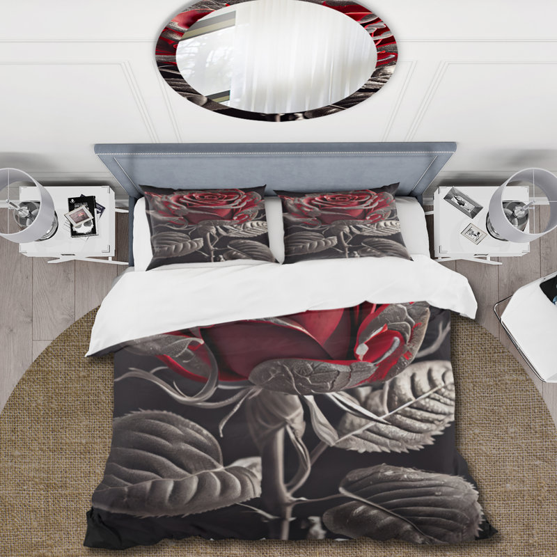 Ensemble de housse de couette Blossoming Rose In Red and Grey I BeddingMicrofiber / Polyester