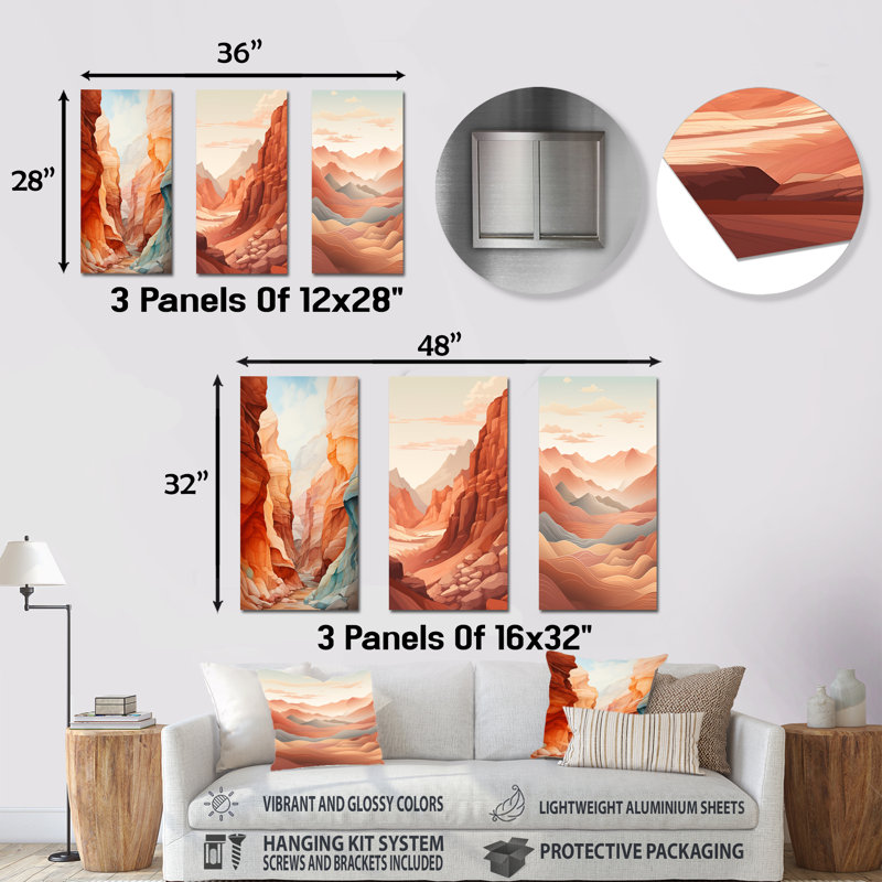 Canyon Canyon Scenery Minimalisme - Canyon, ensemble de 3 reproductions d'art en métal, H 32 po x l 48 po