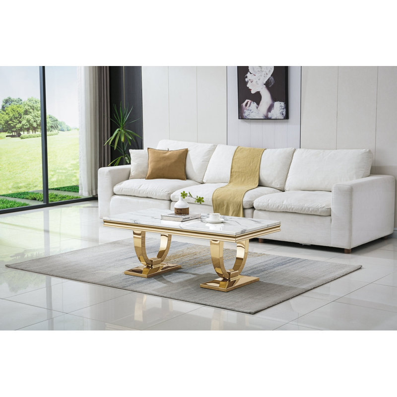 Table basse Burdell Ct317, Blanc / Blanc, Doré