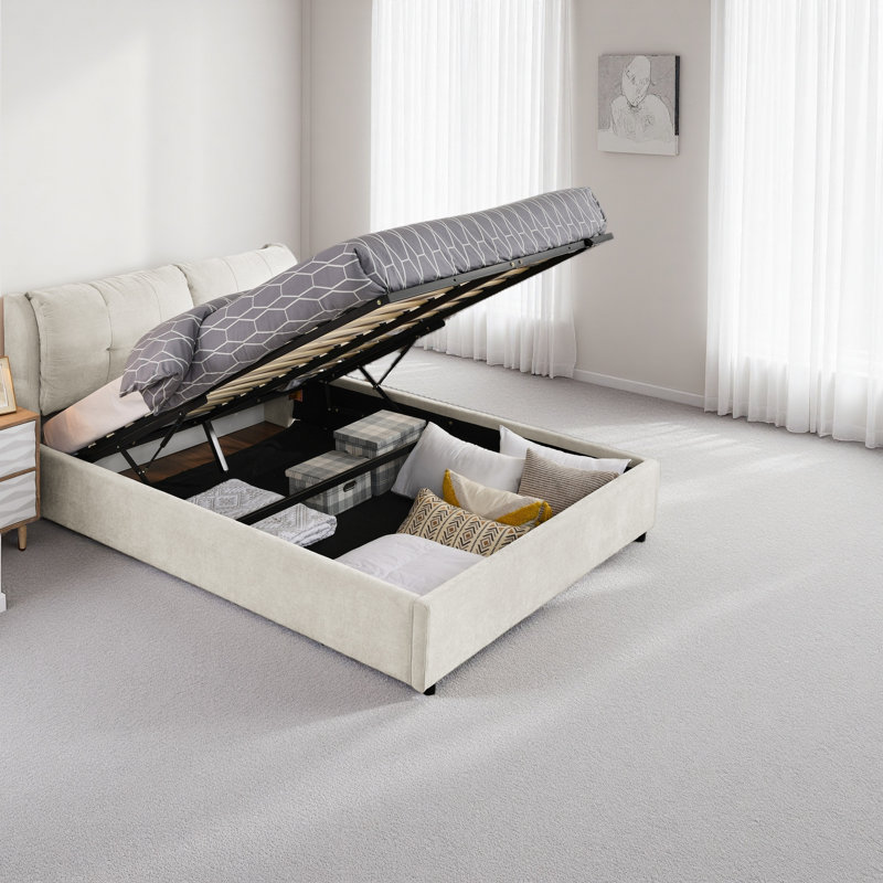 Lit plateforme tapissier avec rangement et tête de lit hydraulique en tissu chenille, Beige, Grand lit