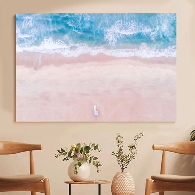 Impression sur toile encadrée 1Pc, scène de plage minimaliste d'en haut, sable rose et océan bleu, art mural