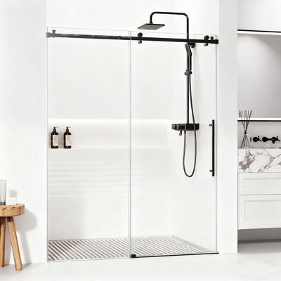 60" x 75" Frameless Sliding Shower Door, 5/16" Tempered Glass with Explosion-Proof Film, Stainless Steel Handle, Adjustable Waterproof Walk-in Shower Enclosure