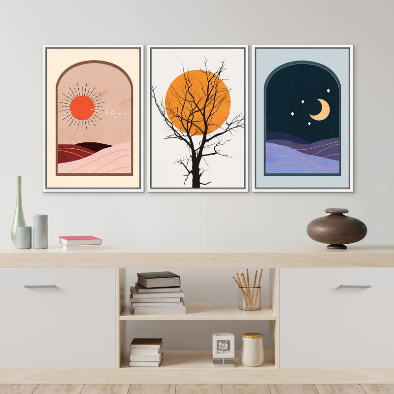 "Style méditerranéen, lune, soleil, arbre, variété, nature, illustrations abstraites, art moderne, décor bohème chic", 3 pièces