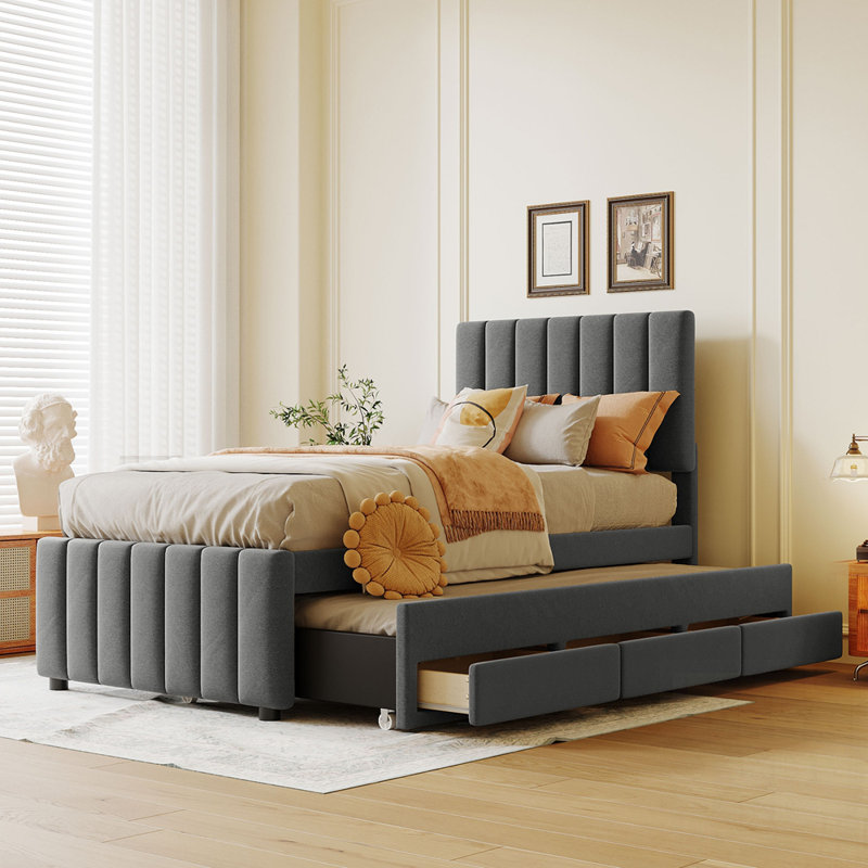 Lit plateforme simple tapissier avec lit gigogne et 3 tiroirs, tissu en lin pour économiser de l'espace et un sommeil confortable