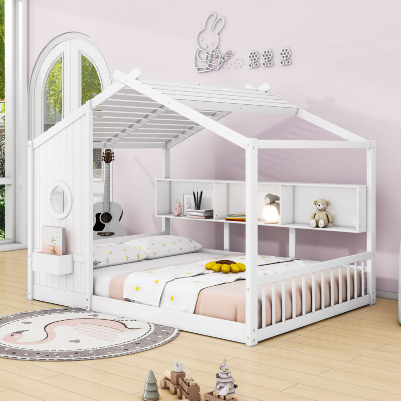 Wooden House-Shaped Floor Bed With Built-In Storage Shlves And Slats, Full, White