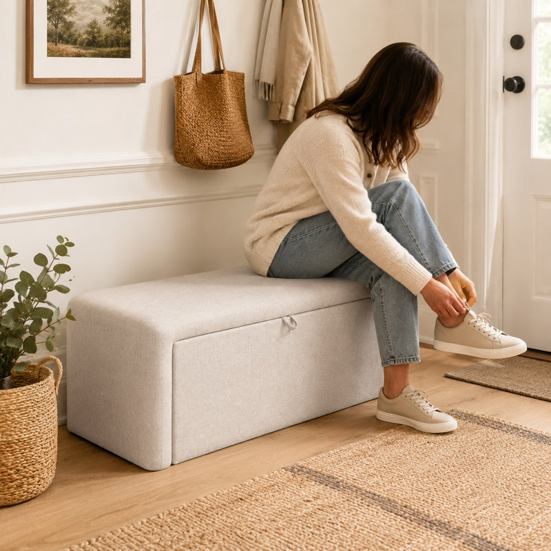 Banc ottoman de rangement à ouverture latérale, recouvert de lin, 48 pouces, pour salon, Beige