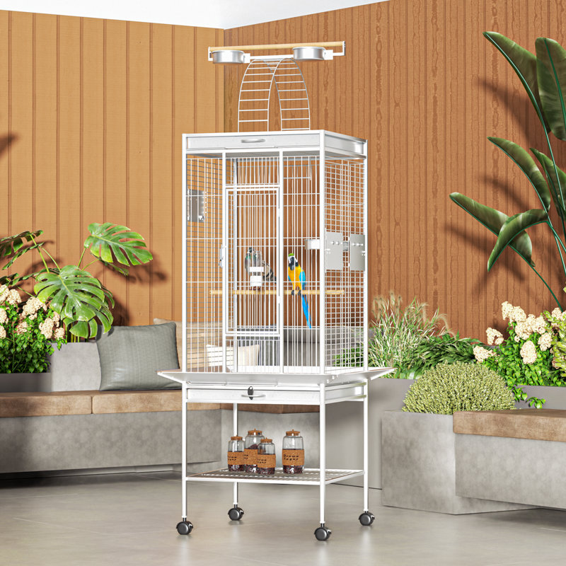 Black 61" Wrought Iron Play Top Bird Cage with Stand