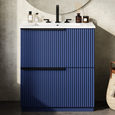 Meuble-lavabo bleu de 30 po avec rangement intelligent, glissières de tiroir à fermeture en douceur et finition de comptoir en céramique brillante, système double, mécanisme de rangement optimal