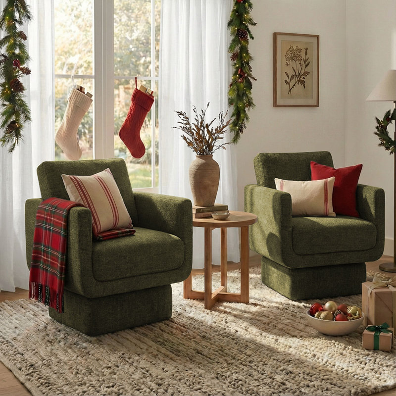 27" Wide Upholstered Swivel Armchair (Set of 2), Green