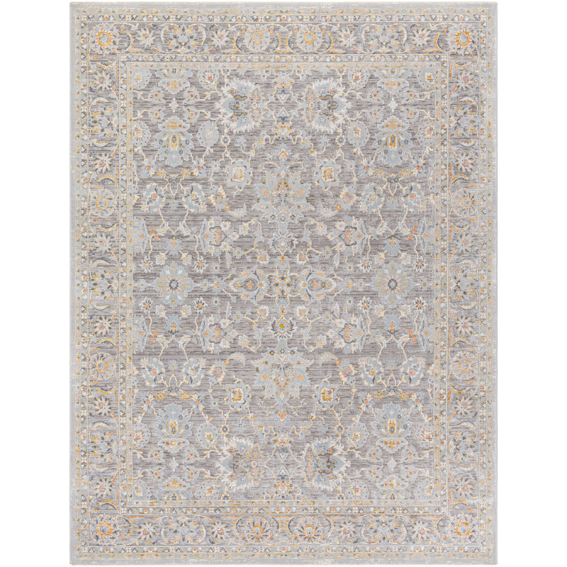 Tapis oriental en polyester / polypropylène tissé à la machine en gris / bleu clair / orange, Rectangle 10 pi x 14 pi