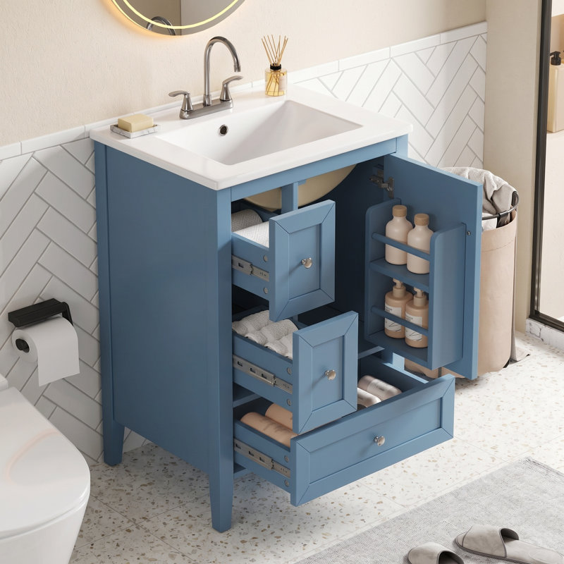 24" Modern Freestanding Single Bathroom Vanity with Ceramic Sink, Solid Wood Legs, Soft-Close Storage, Built-in Rack, Painted Finish