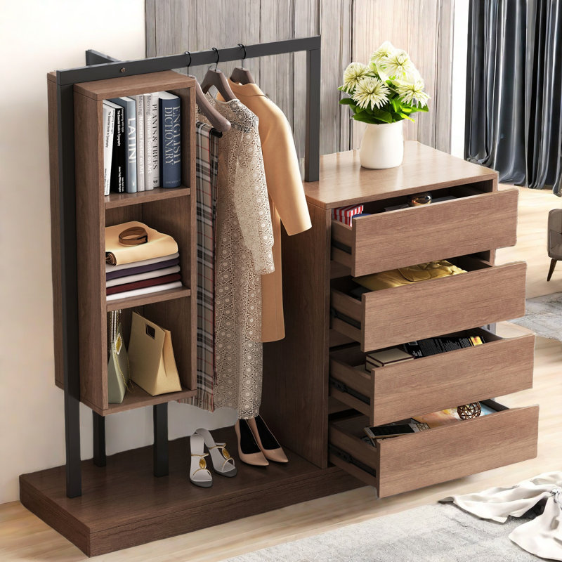 Vasilia Wardrobe with 4 Drawers, 3 Open Compartments and Multiple Shelves, Espresso
