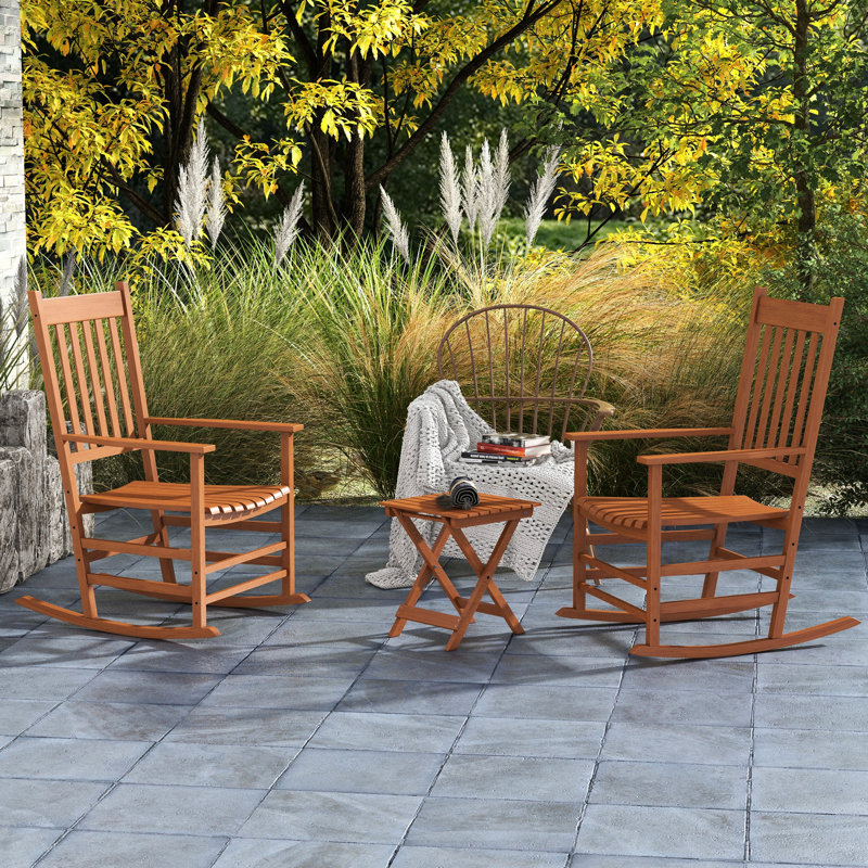 2Pcs Outdoor Rocking Chair With Side Table, Wooden Patio Rocker Comfortable , High Back, For Garden, Balcony, Porch, 352 Lbs Supported, 2 Quiet & Supports Up To Lbs,