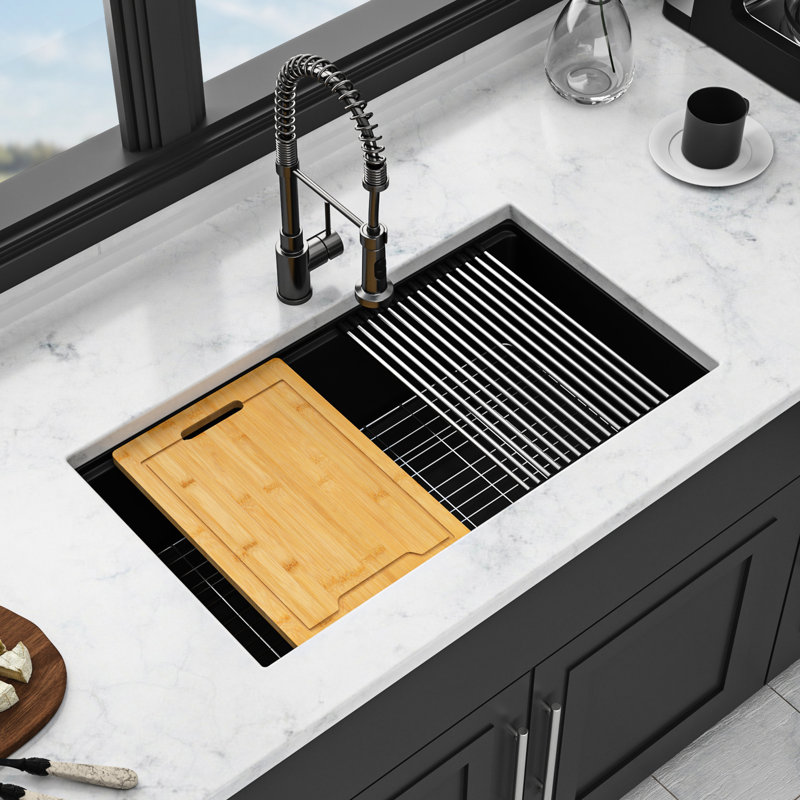 Évier de cuisine en quartz noir 30 po x 19 po - poste de travail sous-comptoir, Noir