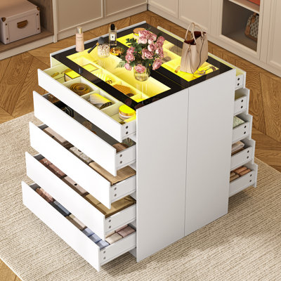 Modern Closet Island With 10 Drawers & Glass Tabletop, Wardrobe Armoire Closet With LED Lights