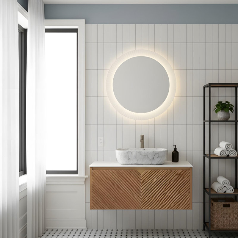 36" Twill Double-Door Bathroom Vanity with Marble-Pattern Ceramic Basin and Carrara White Sintered Stone Countertop, 36"