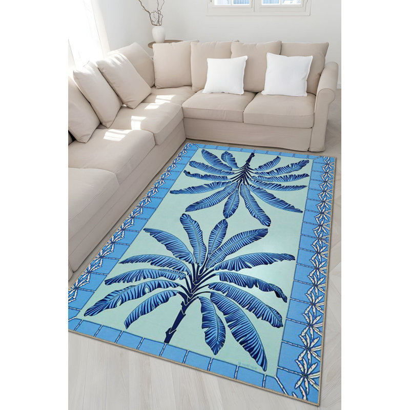 Tapis bleu lavable décoratif à motif palmier bleu, Tapis de couloir 3 pi 3 po x 6 pi 7 po inclus