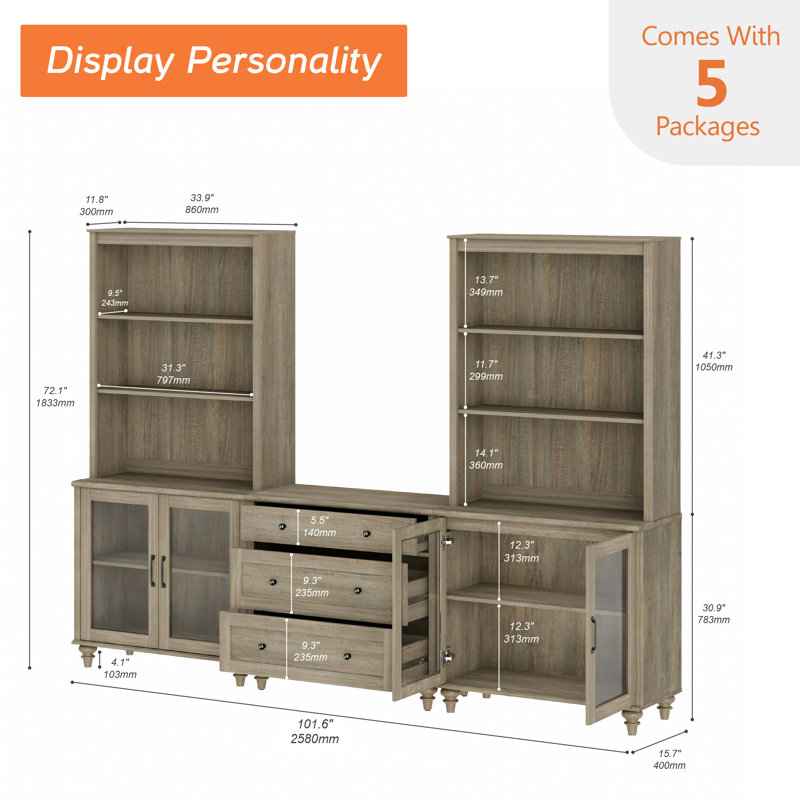 Sideboard Cabinet With Bar Hutch, Buffet Cabinet With Two Glass Cabinets, Three Drawers And Two 3 Tier Shelves, Wash Gray, 101''