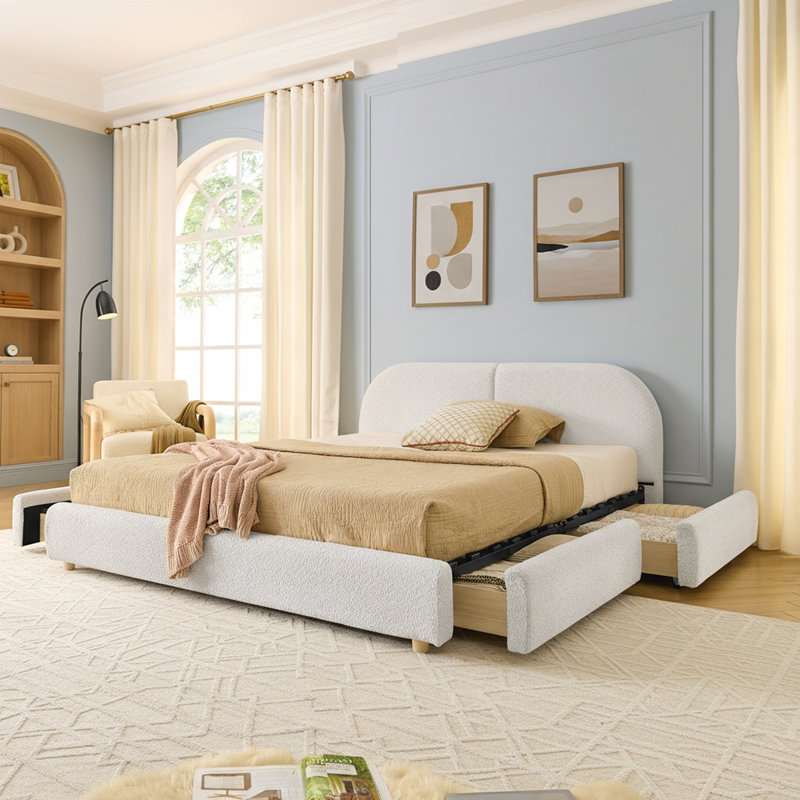 Structure de lit rembourrée avec tête de lit, rangement pour tiroir robuste sur roulettes, matelas non inclus, Très grand lit