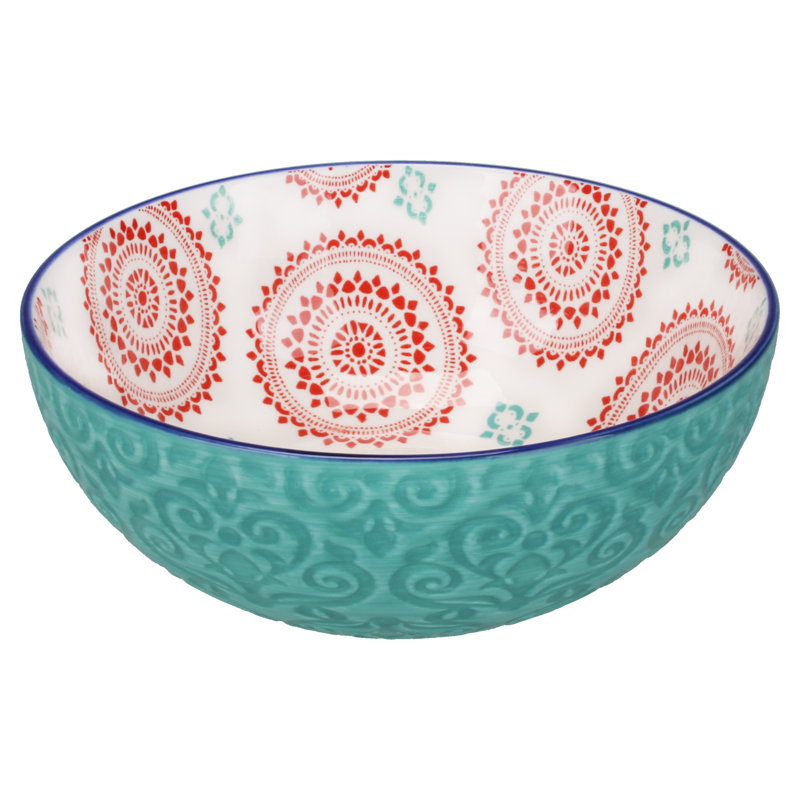 Turquoise and Red Ceramic 24 Ounce Soup and Dessert Bowls, Set of 4