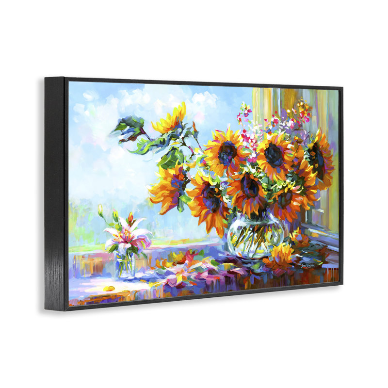 «Sunflowers Morning Glory» par Leon Devenice bg-244, H 16 po x l 24 po, Giclée encadrée noir minuit