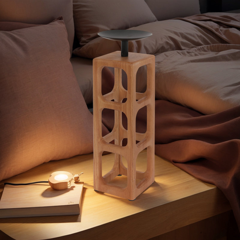 Wood Hollow Square Hole Design Pillar Candle Holder, Tan, 12.75" H x 4.25" W x 4.25" D