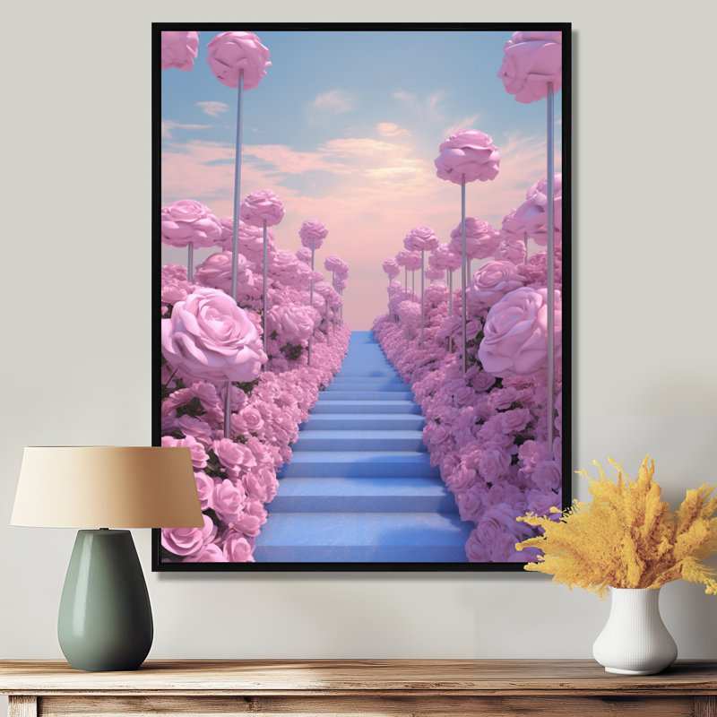 «Blue Stairs Pink Rose Celestial Pathway» - roses, art mural, Toile avec cadre flottant noir, H 40 po x l 30 po x P 1,5 po