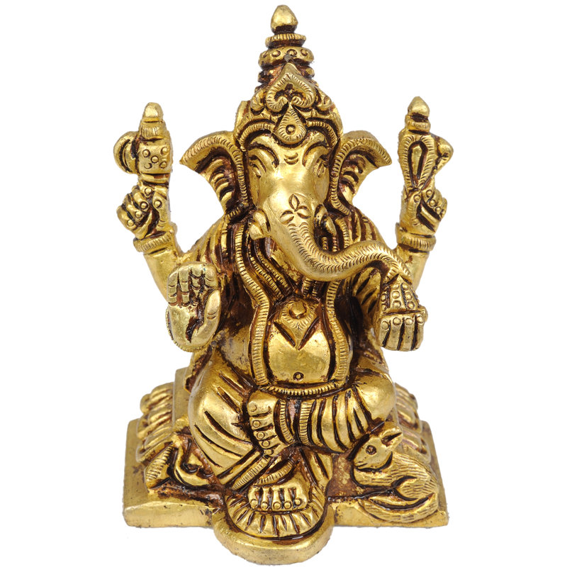 Handmade 3" Brass Small Benevolent Ganesha Statue – Miniature Hindu Idol for Home Altar, Desk, Car, & Gifting Décor