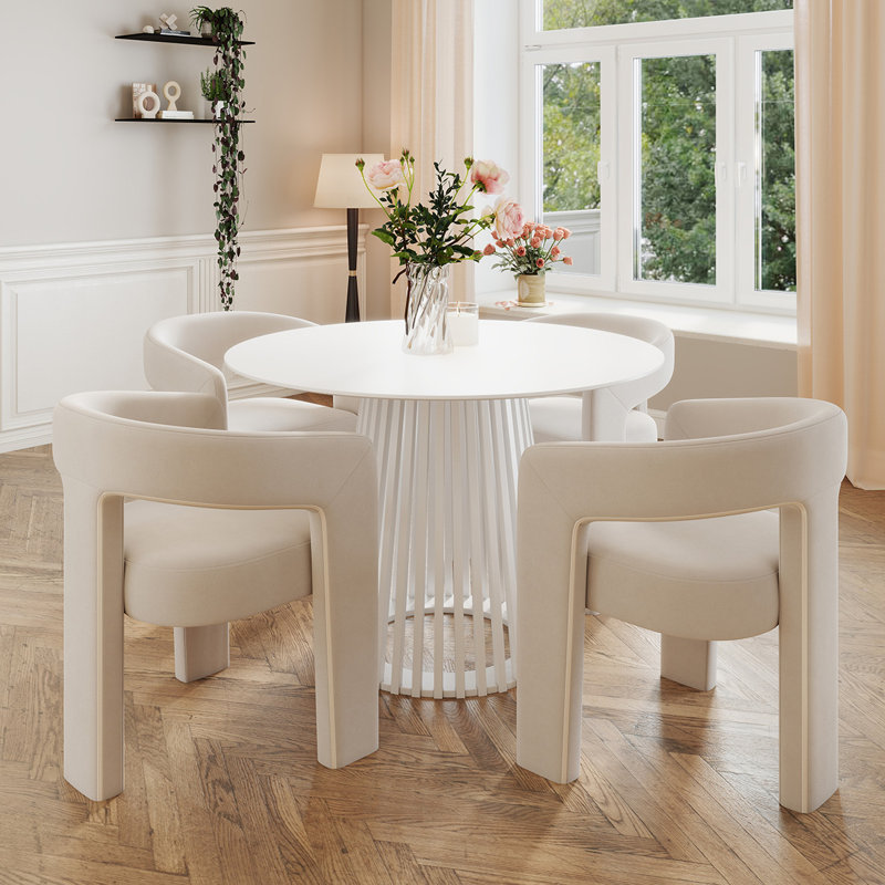 Ensemble de salle à manger moderne, Blanc, Beige, 5 pièces: table, 4 chaises
