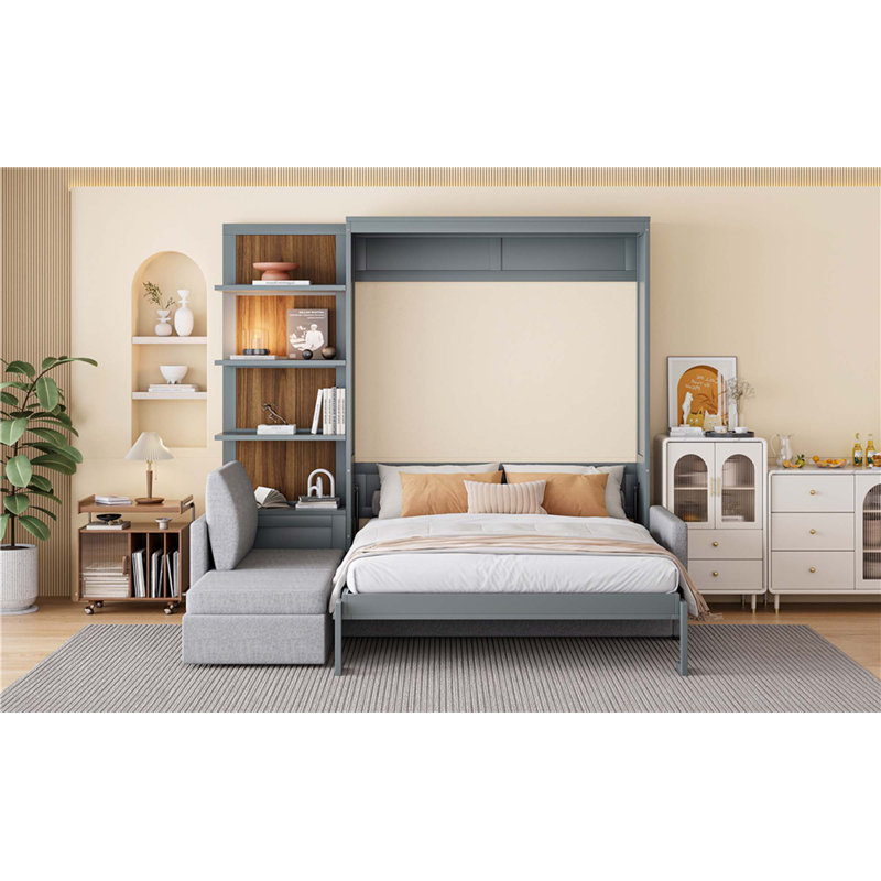Grand lit escamotable mural avec canapé et tablettes, Gris