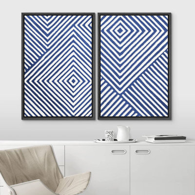 3D Illusion Effect Blue And White Geometric Modern Pictures Framed Canvas 2 Pieces Print Wall Art