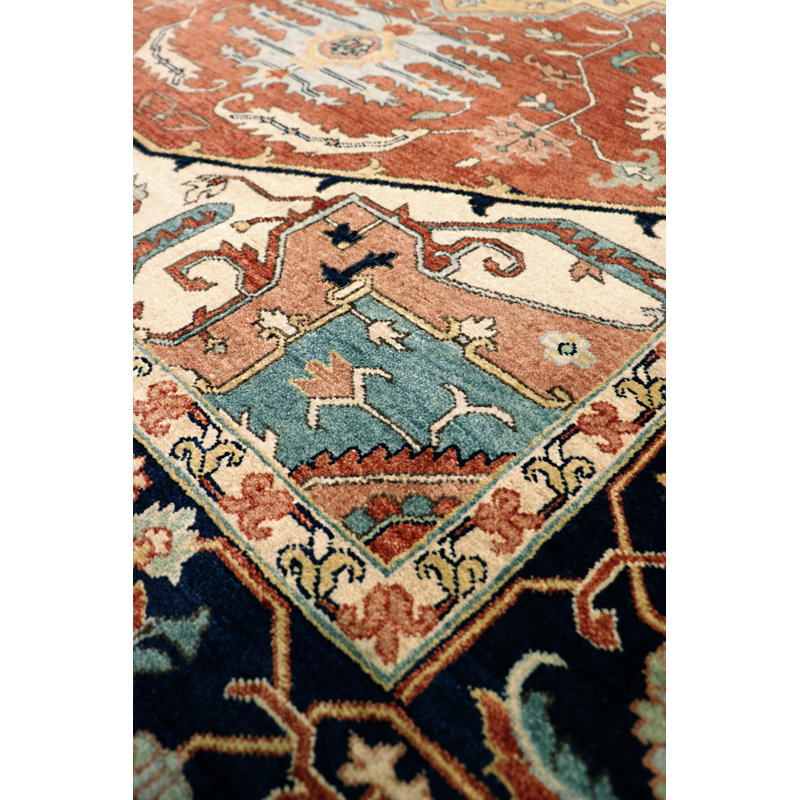 Serapi Hand-Knotted Wool Oriental Area Rug in Blue/Orange/Black, Runner 6' x 16'