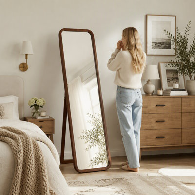 Full Length Mirror, Solid Beech Wood Frame Floor Mirror, Freestanding Mirror with Stand, Large Body Mirror for Bedroom Living Room Dressing Room, Walnut Finish