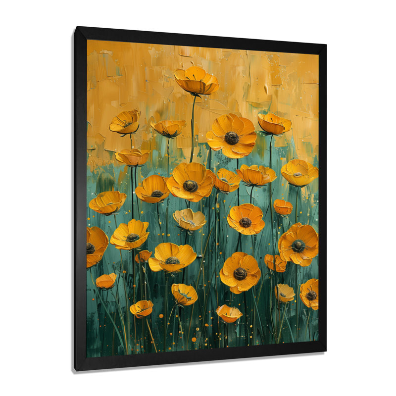 Décoration jaune jaune, bleu, bouton d'or et prairie I - Bouton d'or, Cadre photo noir, H 32 po x l 24 po