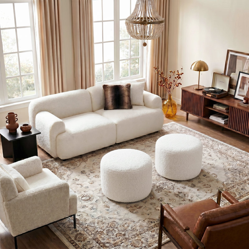 Regeani 22.6" Modern Round Upholstered Pouf Ottoman, White Faux Fur