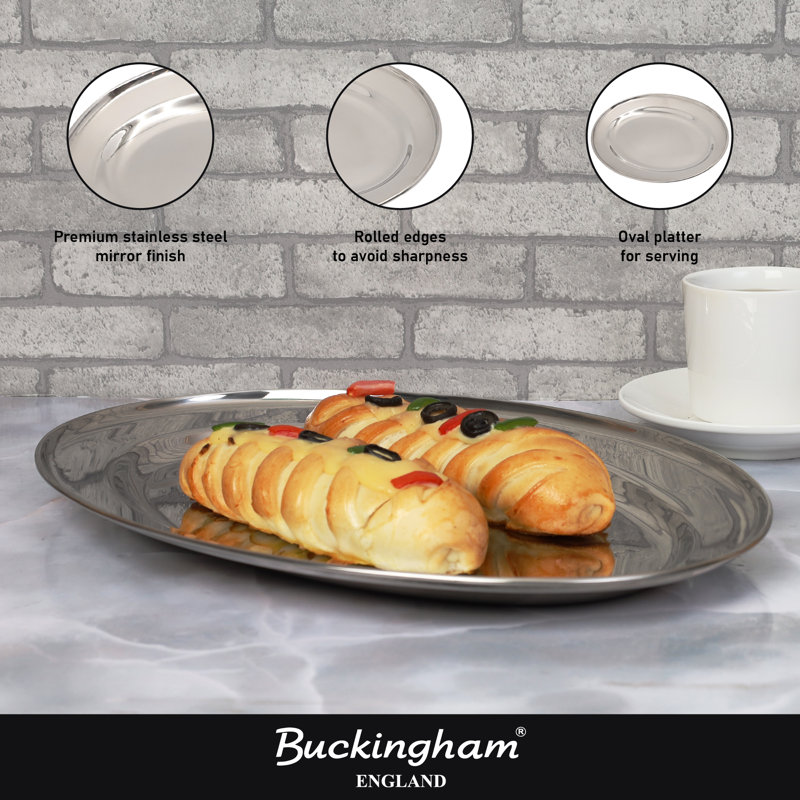Buckingham Mirror Polish Oval Serving Tray Heavy Gauge Plate Stainless Steel , 45 cm 