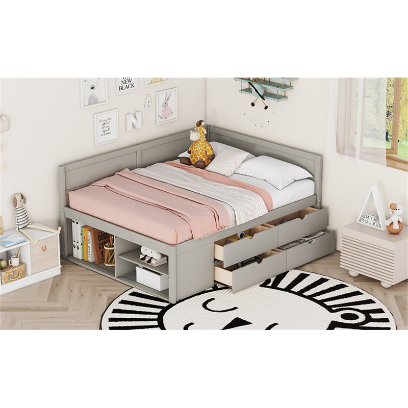 Daybed With Drawers And Shelves, Gray, Full