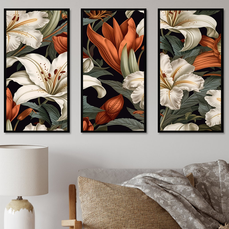 «Soft Colors Lilies Collage», ensemble d'art mural sur toile Lily, Cadre flottant noir, H 32 po x l 48 po x P 1 po