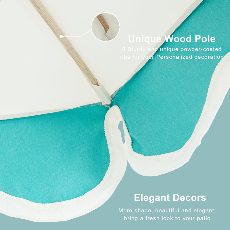 Tempera 9ft Scalloped Spliced Patio Umbrellas With Fringe, Market Umbrellas With Water-resistant And Fade Resistant Canopy, 1.5" Wood Pole & Button Tilt