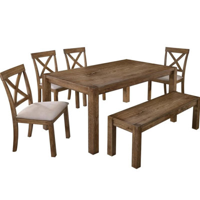 6 Pieces, Driftwood Dining , Family Celebrations, Rectangular Table, Open X - Back Chairs, Bench, Veneer, Wood Pieces For 4 Chairs And Veneer
