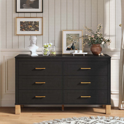 6 Drawer Double Dresser, Modern Storage Cabinet With Solid Wood Legs And Metal Handles
