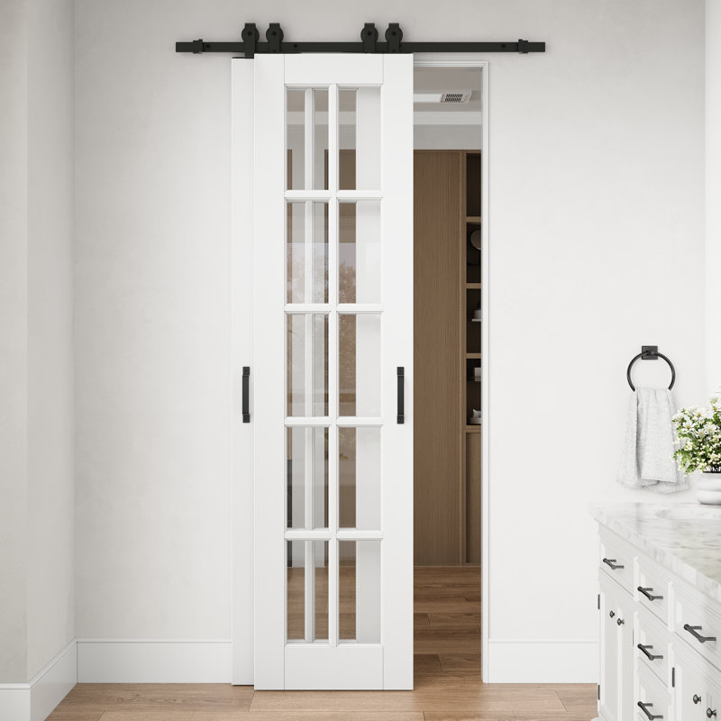 Porte standard préfinie en verre clair à 10 carreaux de 40 po x 96 po avec ensemble de quincaillerie pour porte coulissante de style grange pour garde-manger