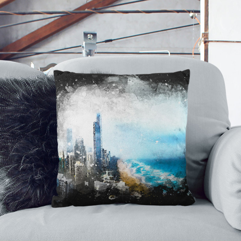 Gold Coast Skyline in the Clouds Paint Splash Cushion with Filling, 40cm H x 40cm W x 15cm D