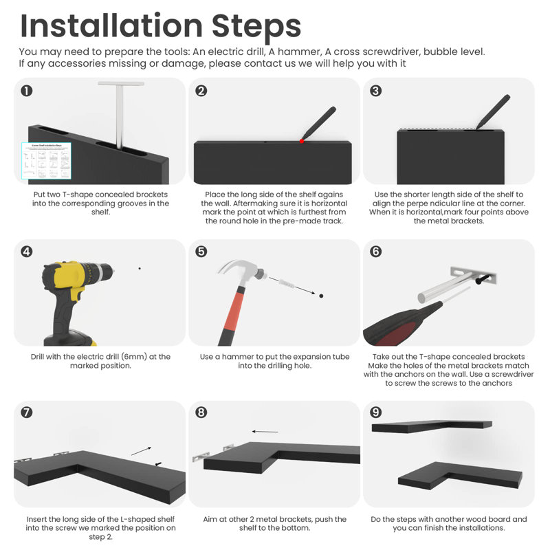 Ensemble de 3 tablettes d'angle murales, Noir