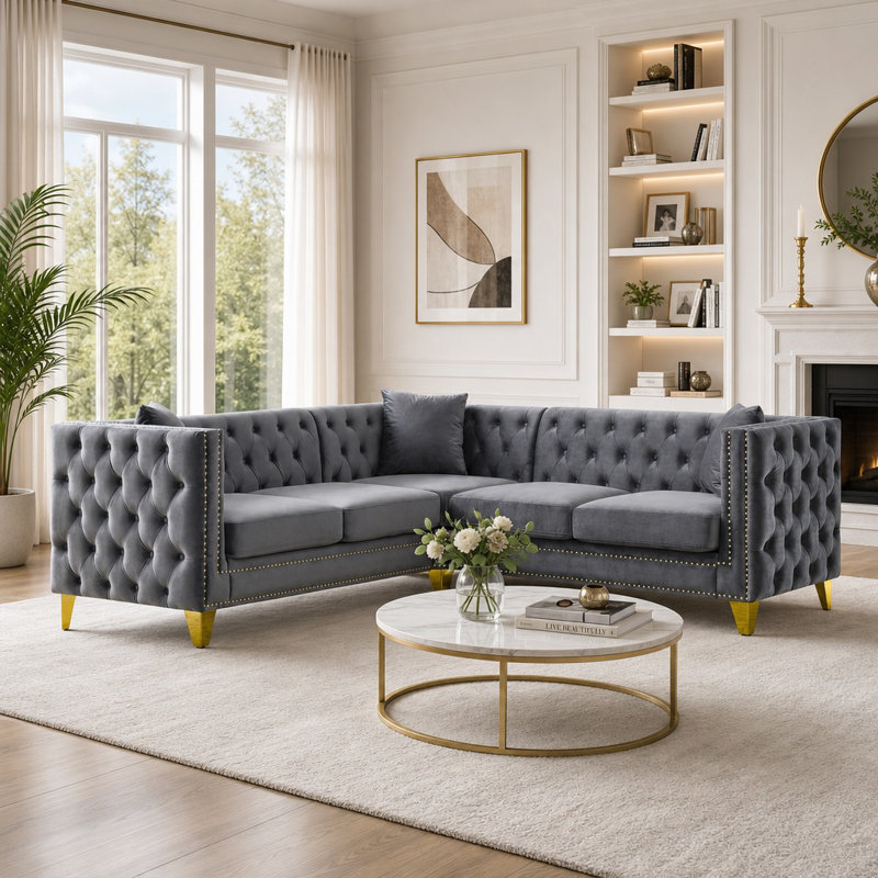 Canapé modulaire en velours capitonné en L 82,2 po avec pieds dorés et garniture cloutée