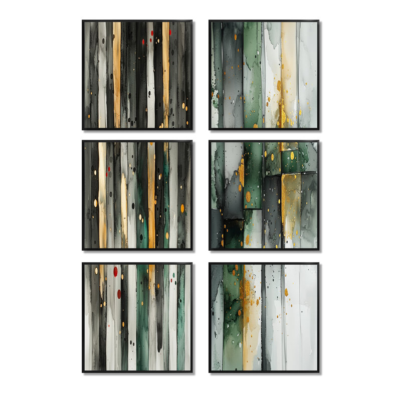 Ensemble de 6 reproductions d'art sur toile abstraites et or, Impression encadrée sans passe-partout, Noir